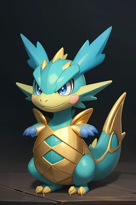 a close up of a toy of a pokemon type with a gold and blue tail