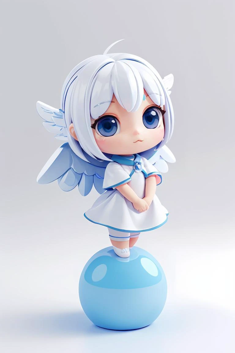 a close up of a small doll on a ball with a white dress