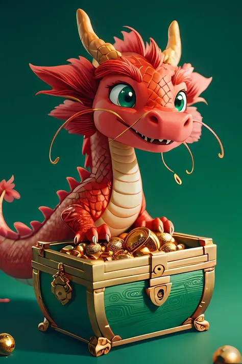 master piece,high quality,a cute Chinese dragon,grab treasure chest,green background,J_dragon,<lora:Chinese_dragon IP:0.8>,