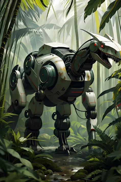 masterpiece,high quality,A robot dinosaurs,in the tropical rainforest,<lora:J_sci-fi-v1.0:0.8>,j_sci-fi,mecha,