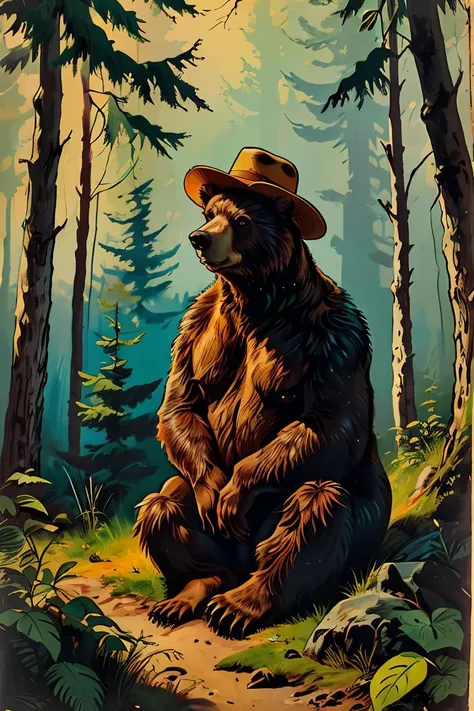 master piece, high quality, a bear,wear a hat,  in the forest, J_comic_book,  <lora:J_comic_book:0.8>