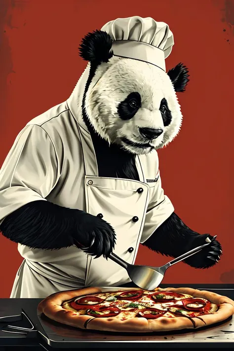 master piece,high quality,A panda bear,chef,white uniform,cooks pizza,J_poster,<lora:J_poster:0.8>,