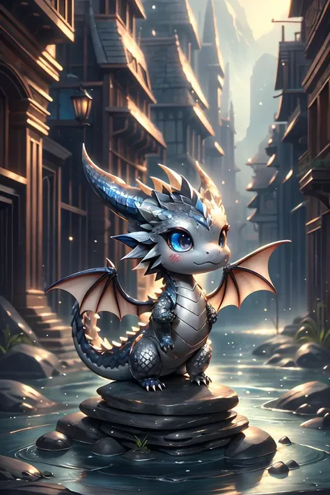 a digital painting of a dragon sitting on a rock in a city