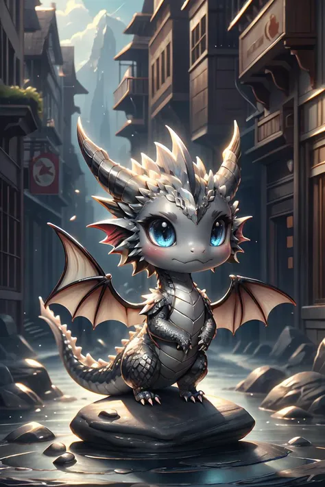 a cartoon dragon sitting on a rock in a city