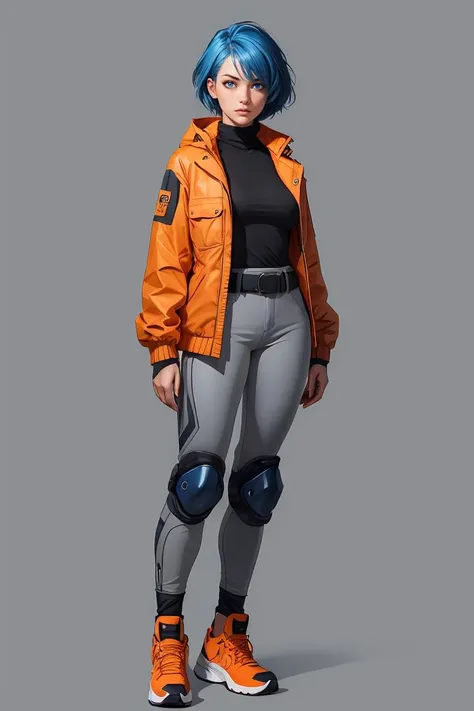 cyberpunk,Concept art,standing figure painting,science fiction characters,1girl,solo,blue hair,blue eyes,grey background,simple background,orange jacket,orange footwear,jacket,belt,full body,short hair,pants,shoes,standing,turtleneck,closed mouth,breasts,l...