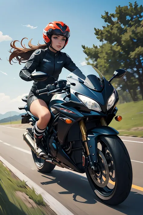 ((best quality)),((masterpiece)),very beautiful girl riding on sport motorbike,high speed, <lora:GoodHands-beta2:1>