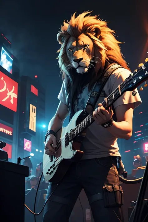 ((best quality)),((masterpiece)),cyberpunk,a lion playing guitar in a vocal concert,dramatic atmosphere, <lora:GoodHands-beta2:1>