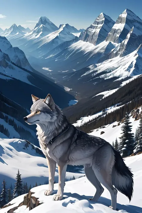 (Masterpiece, best quality:1.2),mountaintop wolf looking at the mountains,unique composition,