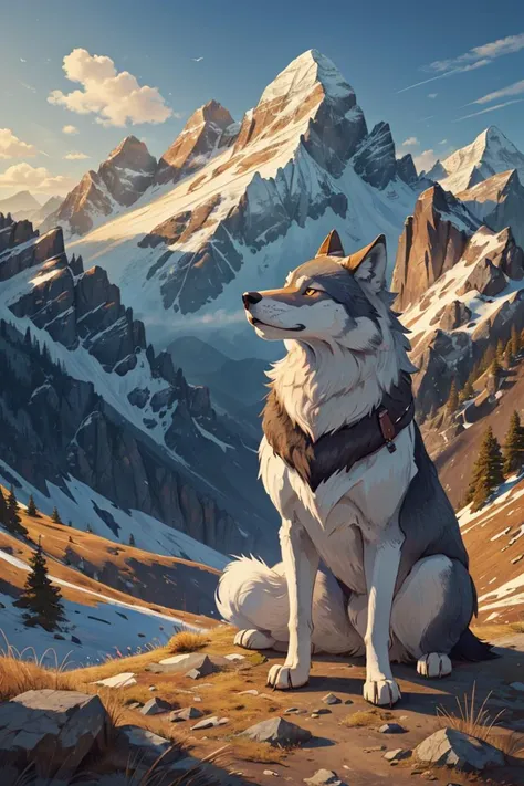 (masterpiece, best quality:1.2),mountaintop wolf looking at the mountains,unique composition