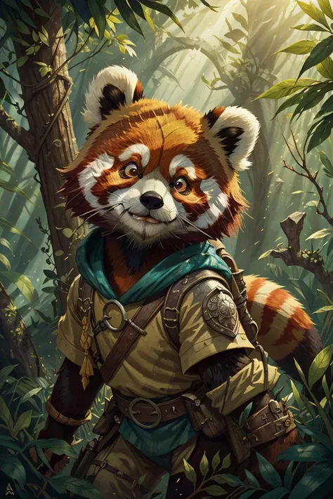 ethereal fantasy concept art of (a red panda_adventurer), (adventurer outfit), searching for treasure, epic overgrown temple ruin, epic scene, lush plants,dynamic camera, backlight, (close up:1.3), magical, fantasy art,<lyco:GoodHands-beta2:0.5> ,unique co...