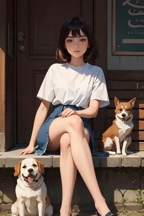 there is a woman sitting on a bench with two dogs