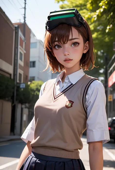 (masterpiece, best quality), 1girl,    <lora:misakaimouto:0.8> misaka imouto, 1girl,solo,head-mounted display, brown hair, short hair,brown eyes,tokiwadai school uniform, vest sweater,white shirt,blue skirt,