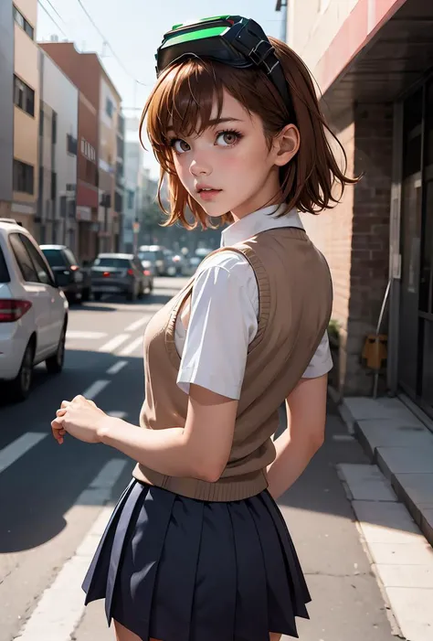 (masterpiece, best quality), 1girl,    <lora:misakaimouto:0.8> misaka imouto, 1girl,solo,head-mounted display, brown hair, short hair,brown eyes,tokiwadai school uniform, vest sweater,white shirt,blue skirt,