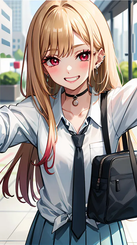 anime girl with long blonde hair and a black bag