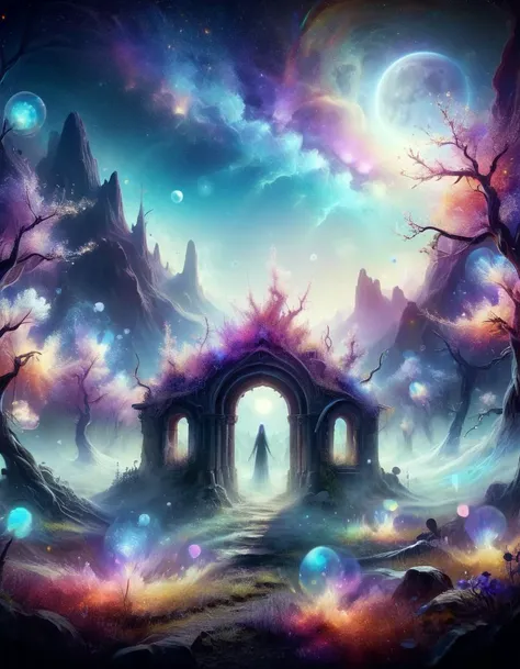 a painting of a fantasy landscape with a gate and a man in the middle