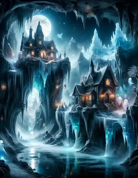 a painting of a fantasy castle in the middle of a cave