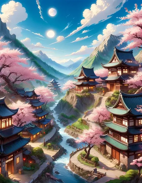 a painting of a mountain village with a river and a mountain in the background