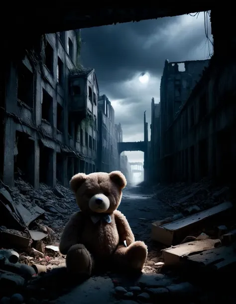 arafed teddy bear sitting in a ruined city street