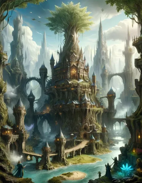 a painting of a fantasy castle surrounded by trees and water