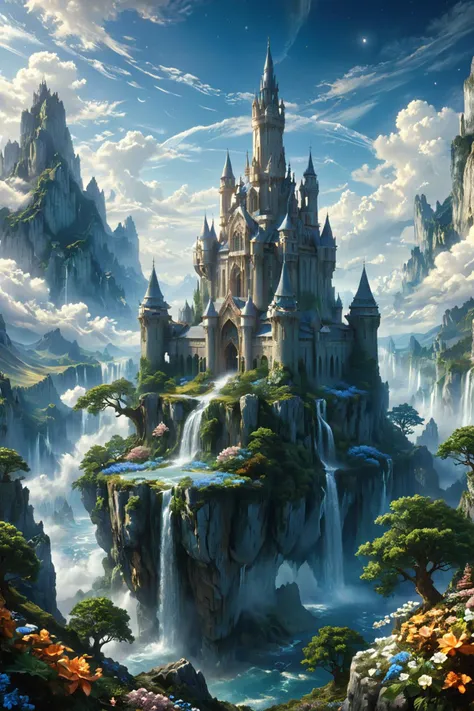 a castle in the sky with a waterfall and trees