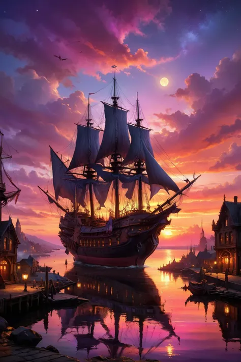 a painting of a ship in the water at sunset