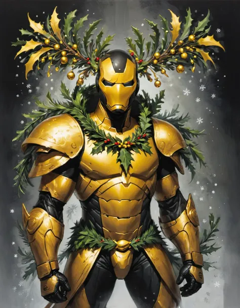 by joe madureira,  (yellow, brilliant but extremely beautiful:1.4), (masterpiece, best quality:1.4) , in the style of nicola samori, (a mistletoe-mercenary protecting the  christmas tree:1.5)
mstltmrc
<lora:epi_noiseoffset2:0.5> <lora:add-detail-xl:1> <lor...