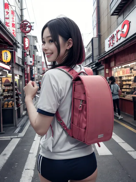 araffe woman with a pink backpack walking down a street