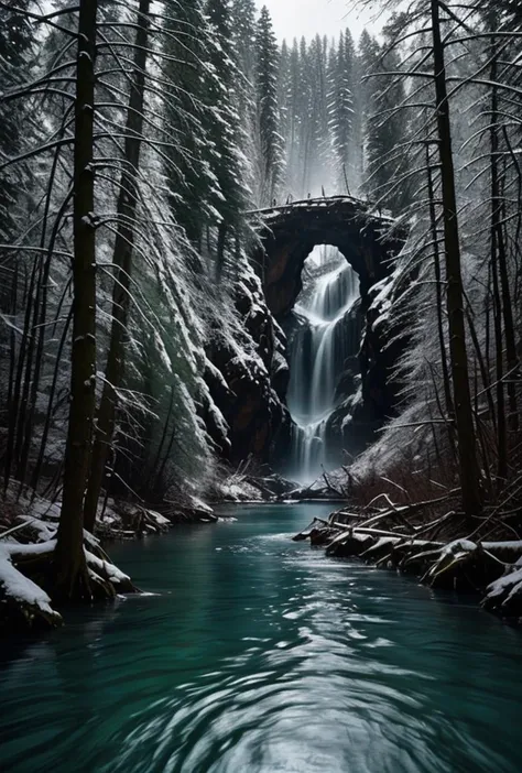 a large waterfall in a forest with snow on the ground