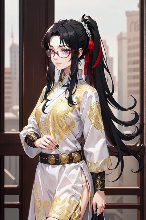 <lora:36é£é±¼_0.9 _æè£:0.8> white robe,chinese clothes,(Bracers:1.2),white robe,chinese clothes,, ultra detailed, masterpiece, best quality, aesthetic, detailed,, solo, smug smile, 1girl, purple eyes, red-framed eyewear, (black hair, red colored tips:1...