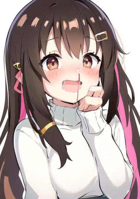 <lyco:nosebleed1-08:0.8> nosebleed2, 1girl, solo, long hair, breasts, blush, smile, open mouth, bangs, simple background, brown hair, hair ornament, long sleeves, white background, ribbon, twintails, brown eyes, hair ribbon, upper body, sidelocks, multicol...