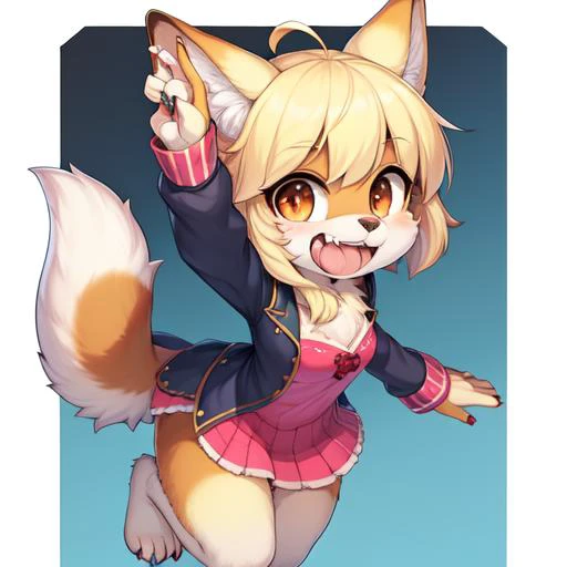 1girl,furry,dog,smile, fang, open mouth, <lyco:nosebleed1-:1.0:MIDD>nosebleed1