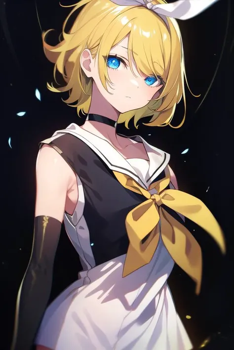 kagaminerin, <lora:rinkagaminemeltdown-lora-nochekaiser:1>,
rin kagamine, short hair, blue eyes, blonde hair,
BREAK bangs, hair ornament, thighhighs, gloves, dress, bow, bare shoulders, hair bow, sleeveless, choker, black gloves, hairclip, elbow gloves, bl...