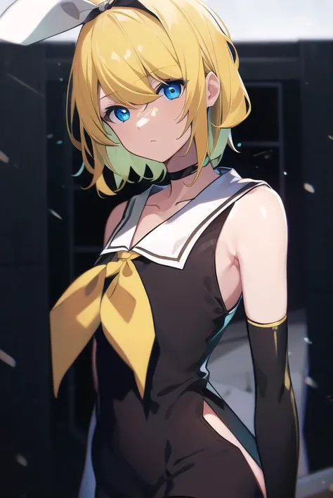 kagaminerin, <lora:rinkagaminemeltdown-lora-nochekaiser:1>,
rin kagamine, short hair, blue eyes, blonde hair,
BREAK bangs, hair ornament, thighhighs, gloves, dress, bow, bare shoulders, hair bow, sleeveless, choker, black gloves, hairclip, elbow gloves, bl...