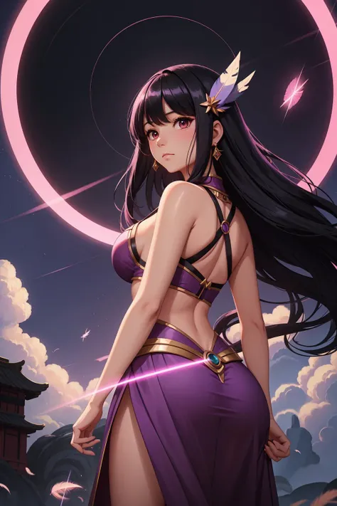 a woman  standing in front of a purple background with a circular object in the background and a circular object in the foreground, Fan Qi, maya, a character portrait, fantasy art.
1girl, black hair, breasts, cloud, feathers, hair ornament, lightning, long...