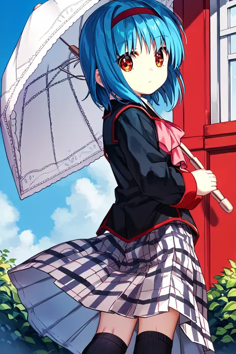 anime girl with blue hair and blue eyes holding an umbrella