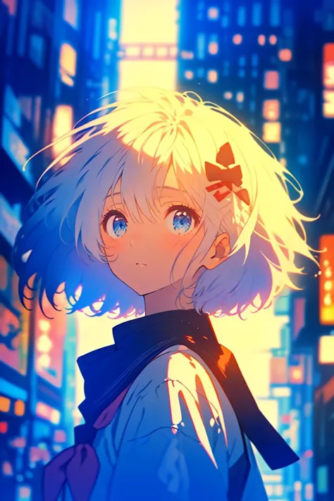 a girl with blonde hair and blue eyes stands in a city at night