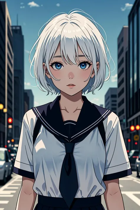 anime girl with white hair and blue eyes in a city