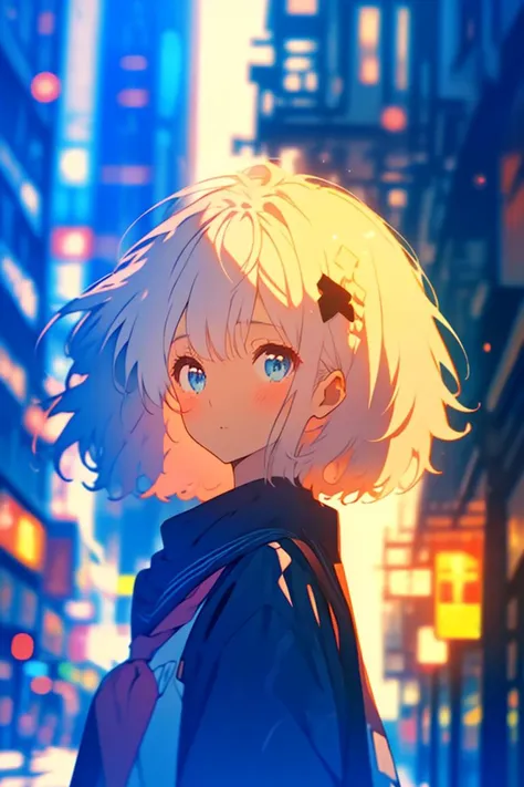 a woman with blonde hair and blue eyes stands in the middle of a city