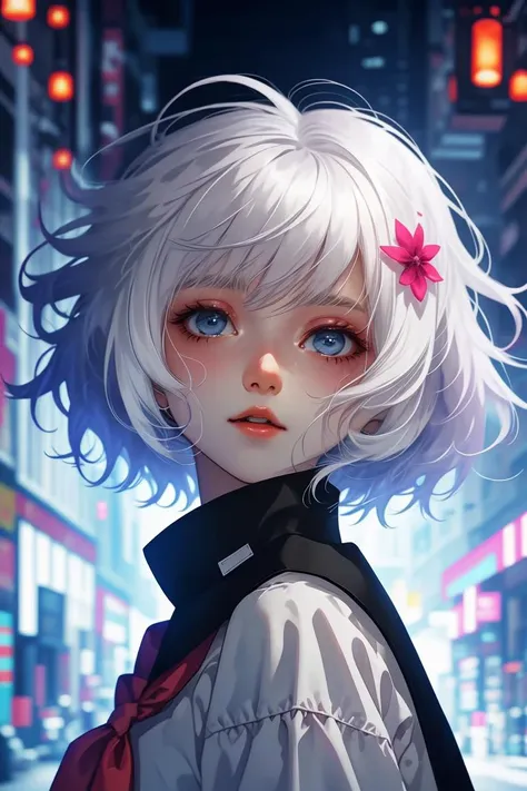 a woman with white hair and blue eyes standing in a city