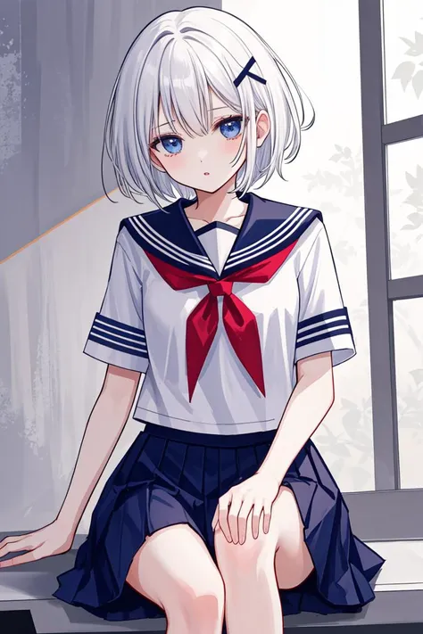 anime girl sitting on window sill with blue eyes and white hair