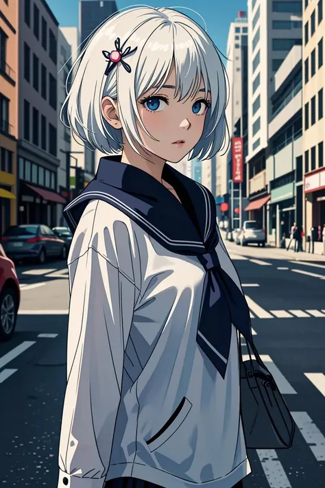 anime girl with white hair and blue eyes standing in the middle of a city street