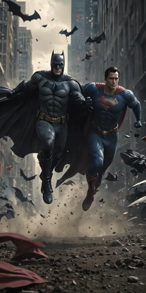 Batman running toward camera with Superman flying next to him, both capes blowing in the wind. Cinematic, awe-inspiring, high detail, detailed costumes. DC Comic characters <lora:LORA-XenoDetailer-v2:1> <lora:more_details:1>