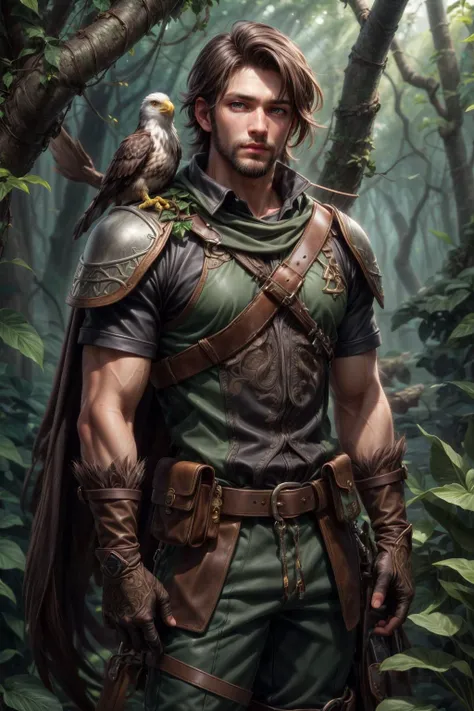 a man in a green and brown outfit holding a bird