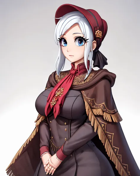 <lora:plaindoll-nvwls-v1:0.8>, plaindoll, white hair, doll joints, bonnet, brown cloak, long dress, red ascot, large breasts, <lora:Sayman:0.7>