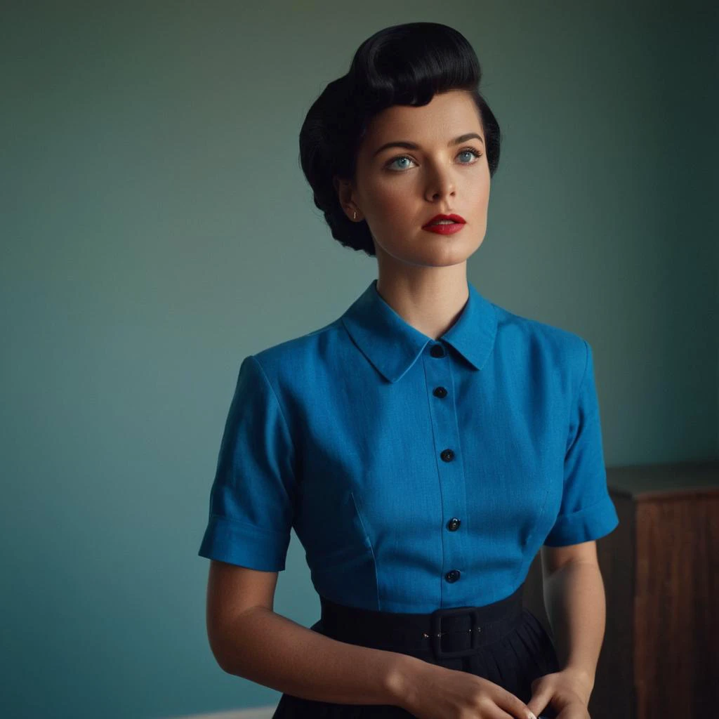 UHD, 4k, ultra detailed, cinematic, a photograph of  <lora:Retro Fashion style:1>
a woman in a blue dress standing in a room retro style,solo,short hair,blue eyes,shirt,black hair,1boy,closed mouth,upper body,male focus,looking to the side,blue shirt,reali...