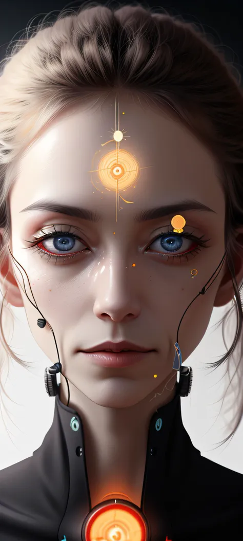 a close up of a woman with a futuristic face and a clock