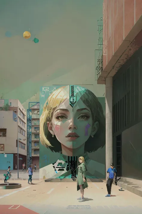 anime - style painting of a woman walking down a street with a large poster of a woman