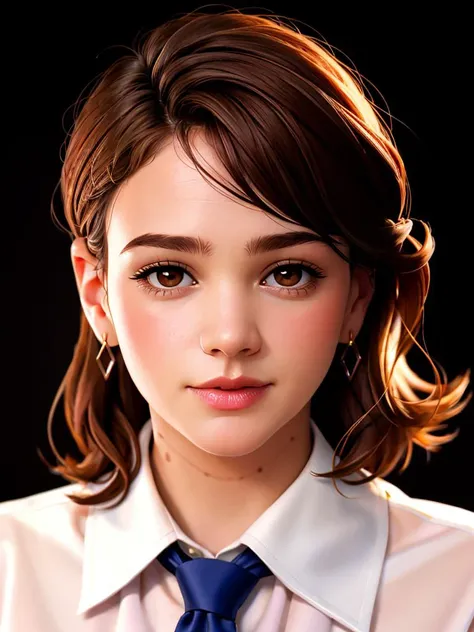 Realistic photo of a beautiful c4r3ym woman,1girl,solo,looking at viewer,simple background,brown hair,shirt,brown eyes,jewelry,earrings,necktie,collared shirt,lips,black background,portrait,realistic,nose, soft lighting, professional Photography, Photoreal...