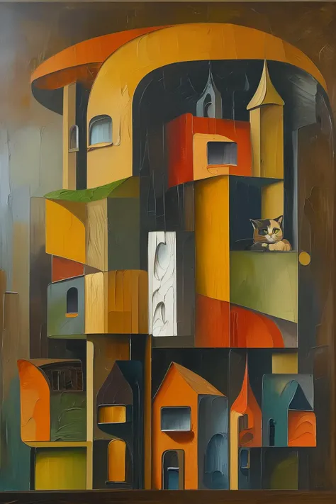 masterpiece,best quality,oil painting,principles of Cubism to architecture,cat,<lora:tbh109-:0.9>,style of Alexander Archipenko,