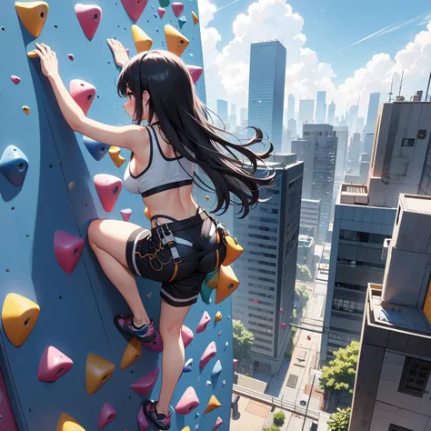 (((masterpiece))), (((best quality))), (((from behind))), (((rooftop bouldering))), (((rooftop deck))), (((climbing))), ((raise head)), ((sweat)), ((fluttering hair)), ((crop top)), sneakers, holster, building, skyscraper, cityscape, clouds, sky, high sky,...